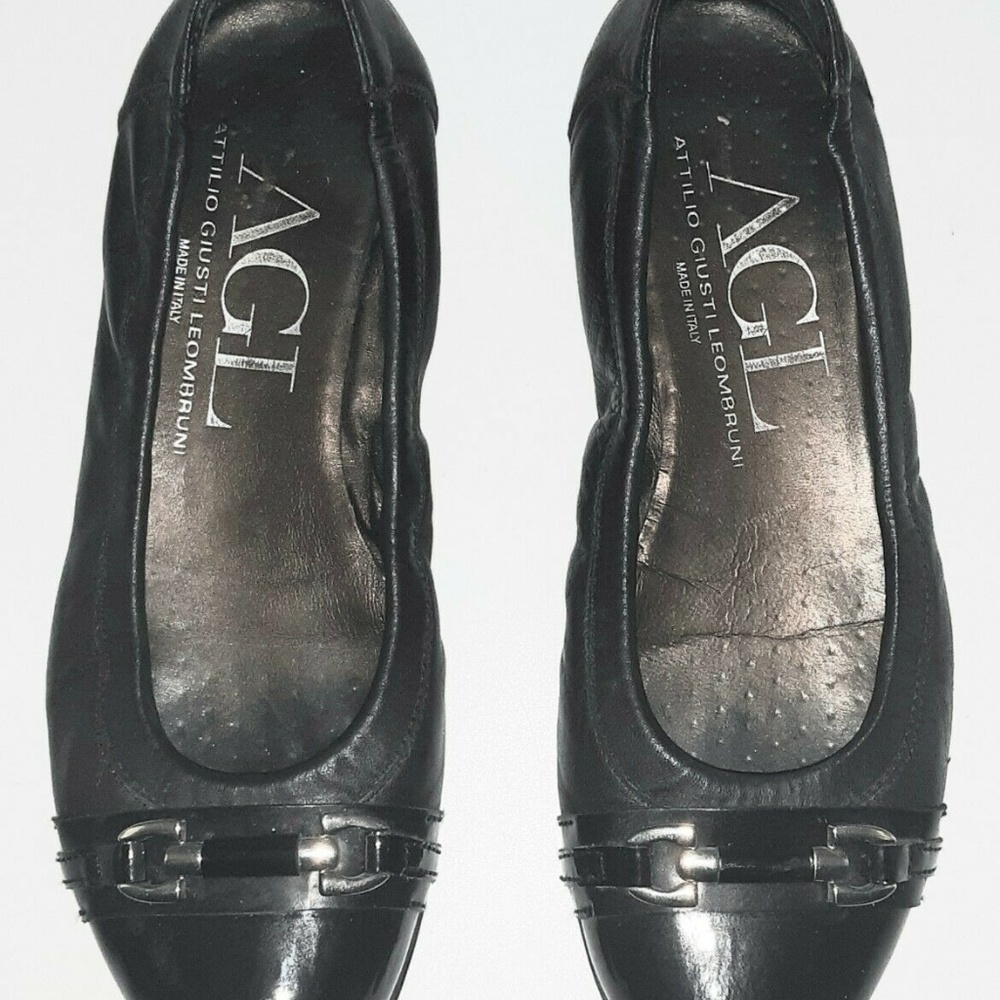 AGL Black Leather Ballet Flats Patent Cap Horsebit - Picture 2 of 7